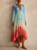 Women Boho Ombre V Neck Tiered Pleated Beach Maxi Dress