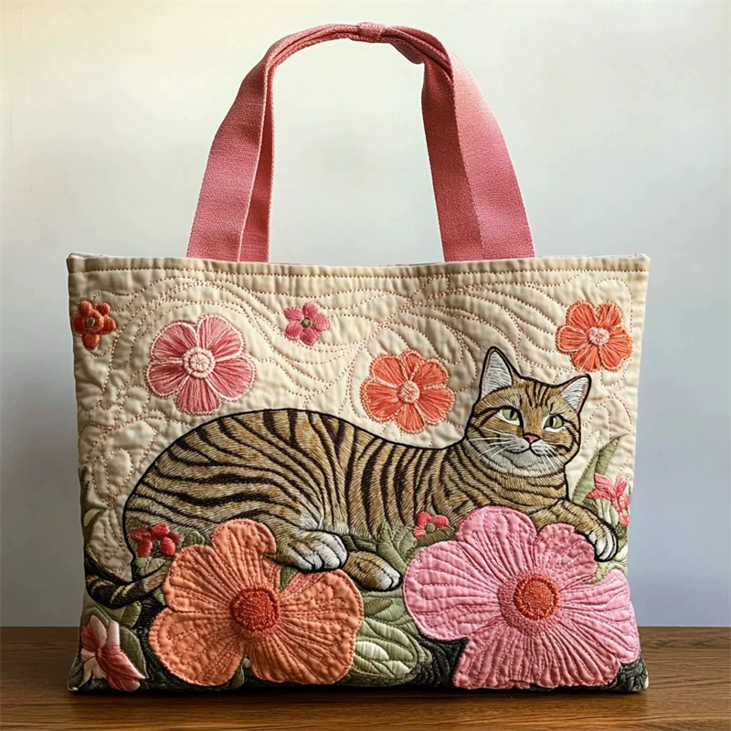 3D Floral Cat Canvas Tote Bag for Women