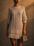 Women Soft Cable Knit Mini Sweater Dress With Pleated Hem