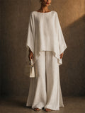 Women Linen Blend 2 Piece Oversized Boho Batwing Top and Wide Leg Pants Set