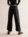 Female Loose Washed Button Trim Jeans with Pockets