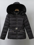 Women's Winter Solid Color Belted Fleeced Coat with Faux Fur Collar