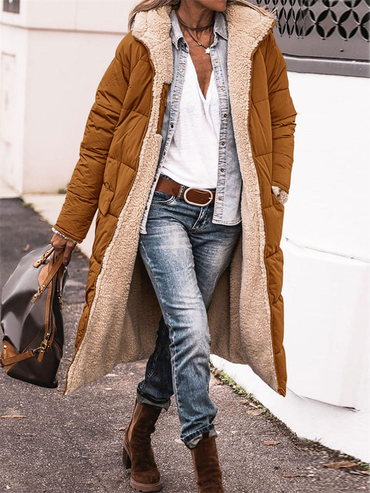 Women's Long Hooded Jacket Fleece Reversible Coat