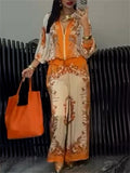 Women's 2Pcs Flowers Print Zip Up Drawstring Long Sleeve Shirt & Pants Set
