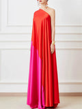 Women's Contrast color Asymmetric One-Shoulder Long Dress