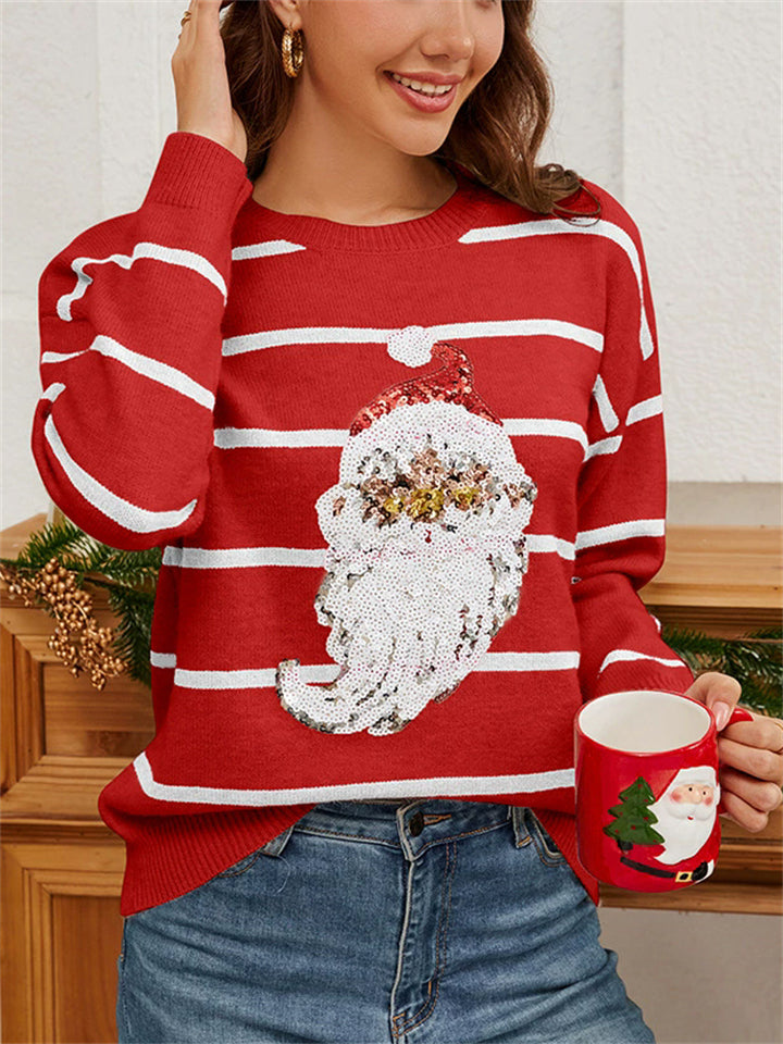 Women's  Contrast Color Striped Santa Claus Sequined Round Neck Sweaters