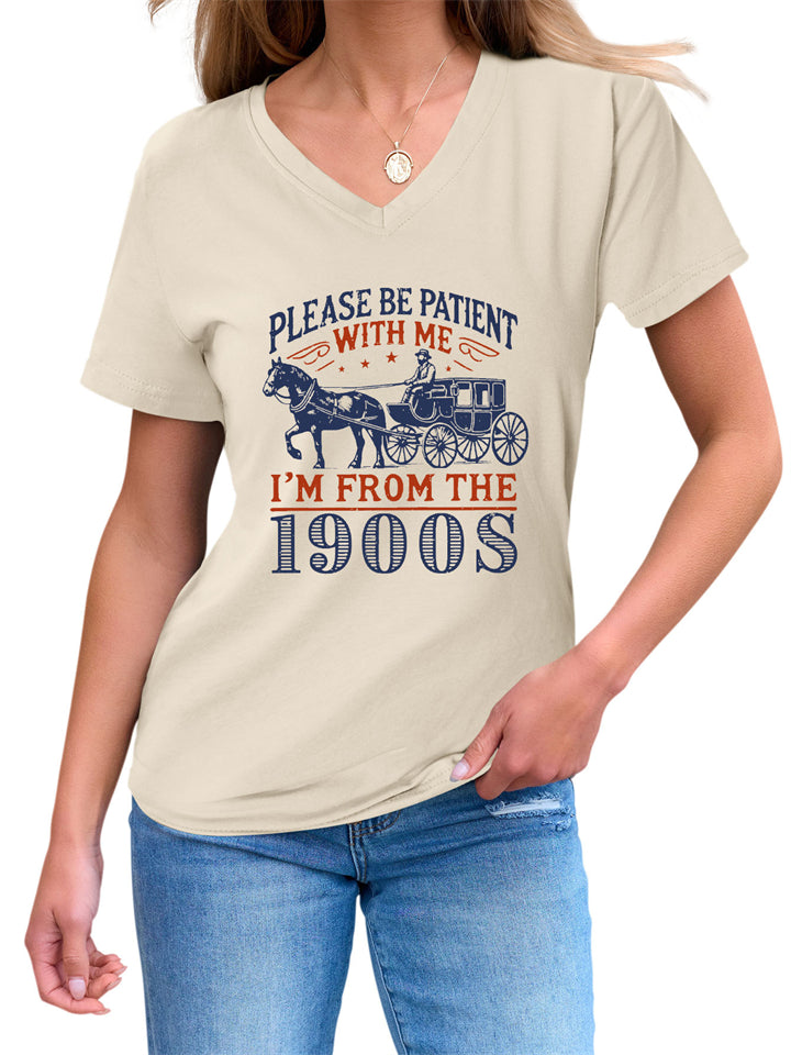 Women's PLEASE BE PATIENT Letter Print V Neck Short Sleeve Shirts