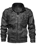Men's Contrast Collar Long Sleeve Zip-Up Distressed Faux Leather Moto Jackets