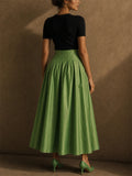 Women Green High Waist Pleated A Line Maxi Skirt