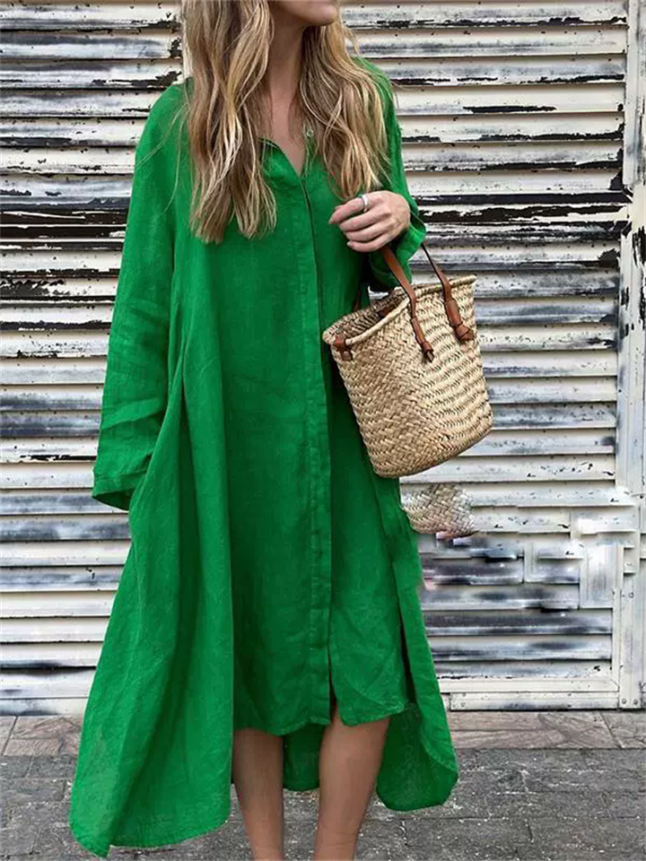 Women's Casual Holiday Style Solid Color Long Sleeve Maxi Shirt Dress