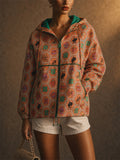 Women Colorblock Graphic Print Hooded Windbreaker Zip Up Jacket