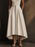 Women High Low Pleated Zipper Front Pockets Midi Skirts