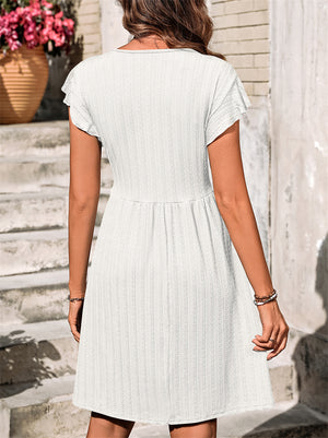 Women's Solid Color V Neck Button Pullover Short Sleeve Dress