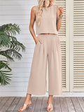 Women's 2pcs Casual Solid Color Sleeveless Top & Wide Leg Pants Set