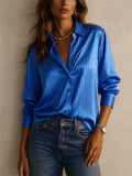 Womens Striped Glossy Button Down Long Sleeve Blouse