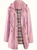 Women's Autumn Drawstring Waist Plaid Lining Trench Coat with Detachable Hood