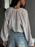 Women's French Style See Through Ruffle V-Neck Blouses