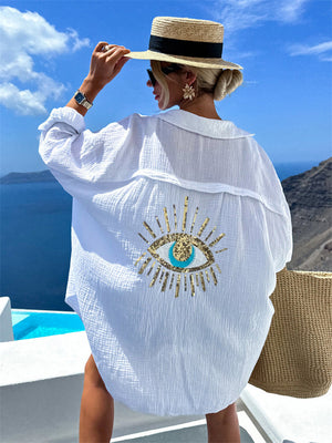 Evil Eye Sequin Embroidery Cozy Vacation Shirts for Women