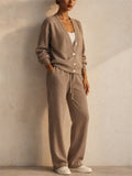 Women Button Up Knit Cardigan and Wide Leg Pants Two Piece Lounge Set