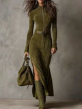 ‌Elegant Brown Zip Up Slim Fit Split Maxi Dress for Women‌