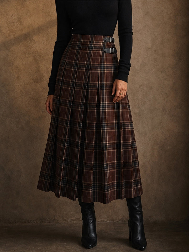 Women Vintage Brown High Waist Buckle Plaid Pleated Skirt