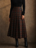 Women Vintage Brown High Waist Buckle Plaid Pleated Skirt