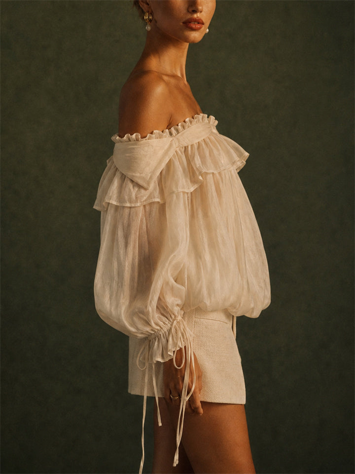 Women Sage Green Champagne Off Shoulder Ruffle Chiffon Blouse Top