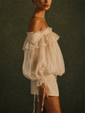 Women Sage Green Champagne Off Shoulder Ruffle Chiffon Blouse Top