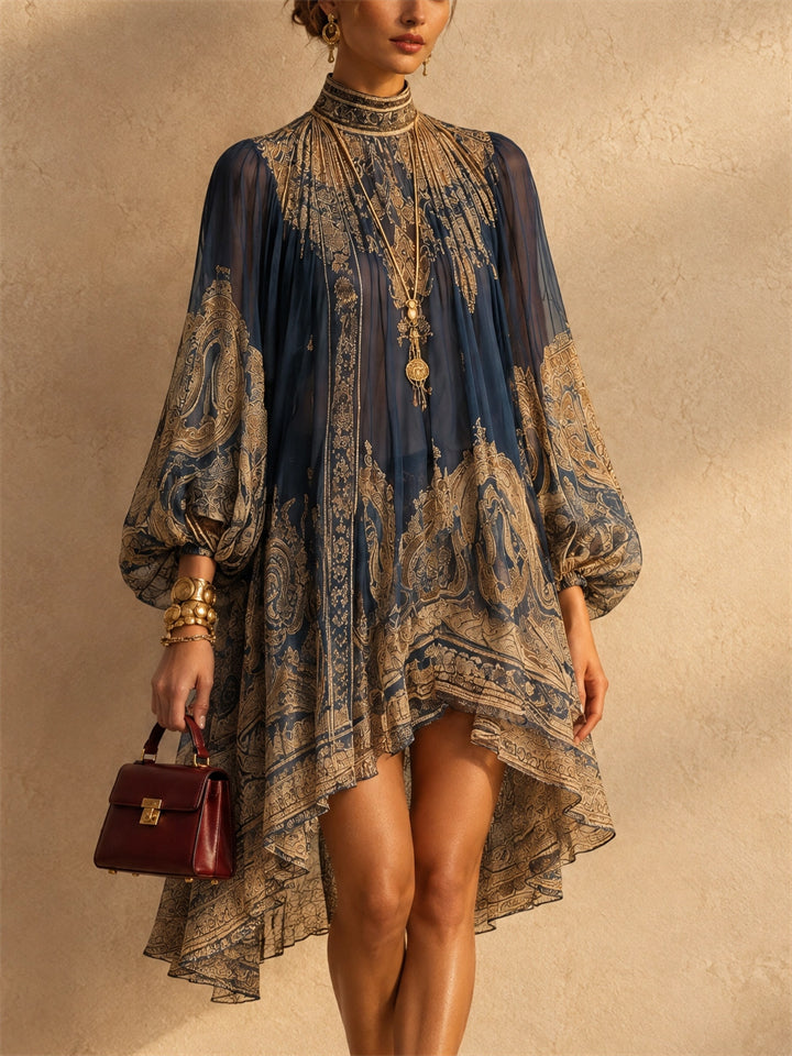 Women Gold Paisley Print Chiffon Lantern Sleeve Mini Dress