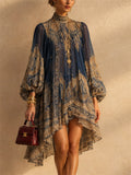 Women Gold Paisley Print Chiffon Lantern Sleeve Mini Dress