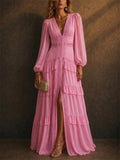 Women's V Neck Lantern Sleeve Split Big Hem Ruffle Maxi Dress