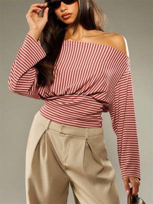 Ladies' Autumn Elegant Striped Sabrina Neck Long Sleeve Blouses