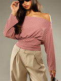 Ladies' Autumn Elegant Striped Sabrina Neck Long Sleeve Blouses