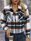 Women's Causal Contrast Color Plaid Pockets Waist Length Coat