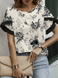 Women's Floral Printed Round Neck Ruffled Sleeve Chiffon Shirts