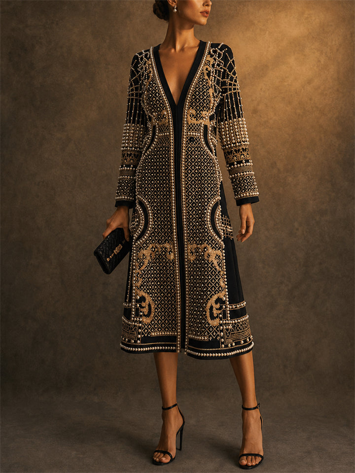 Womens Stylish Gold Beaded Long Sleeve V Neck Outerwear