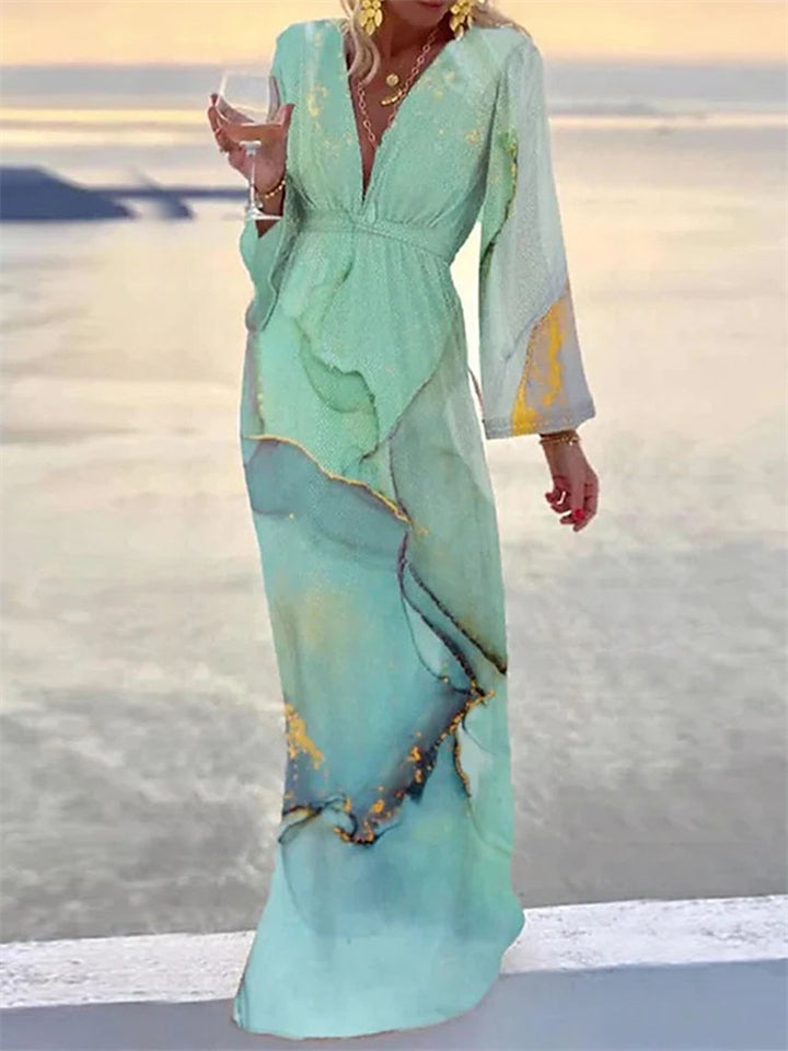V-Neck Printed Beach Holiday Dress for Ladies