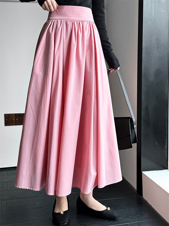 French Style Women's Solid Color A-line Pleated Maxi Skirt