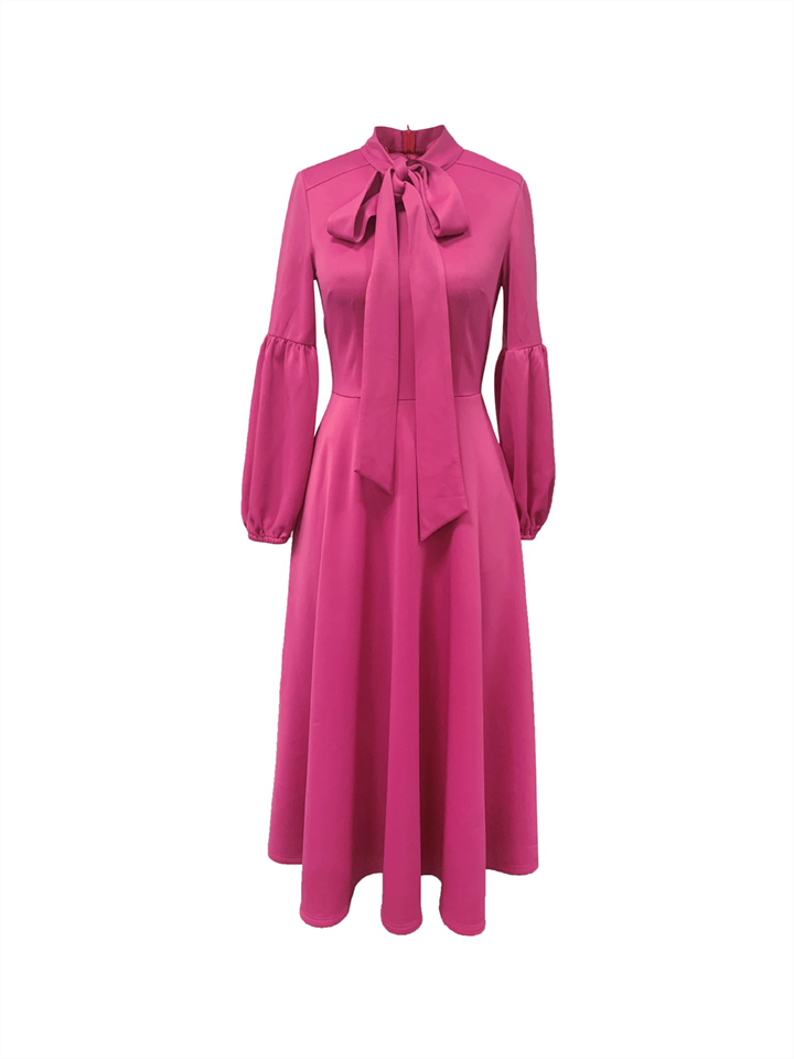 Women's Trendy Solid Color Puff Sleeve Bowknot Big Hem Dress