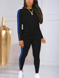 Women's Casual Side Striped Round Neck Long Sleeve Top and Fitted Pants Set