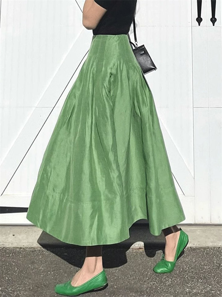 Women's Retro Green High Waist A-Line Midi Skirt