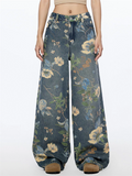 ‌Women's Mid Waist High Street Floral Print Loose Fit Wide Leg Denim Pants