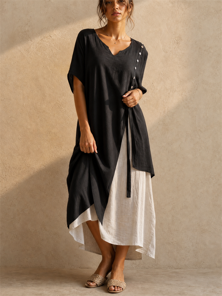 Country Style V Neck Short Sleeve Irregular Hem Dress for Women
