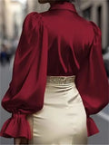 Women's Fashion Button Up Lapel Satin Ruffled Sleeve Blouses