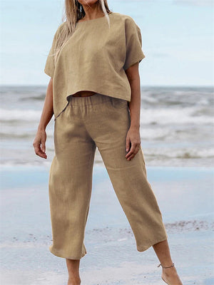 Women's Beach Plain Short Sleeve Pullover Cotton Linen Set