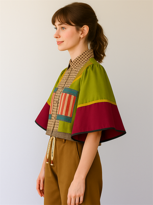 Boho Patchwork Lantern Sleeve Crop Shirt