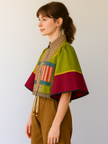 Boho Patchwork Lantern Sleeve Crop Shirt
