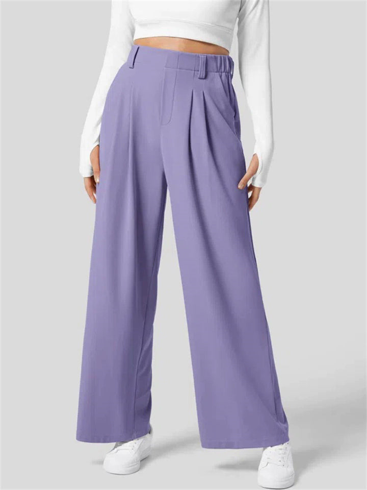 Women's Casual Solid Color Pleated High-Waist Drape Wide Leg Pants