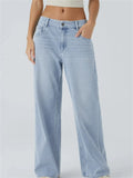 Women's Distressed Whisker Mid-Waist Wide Leg Denim Pants