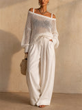 Women 2 Piece Crochet Top and Wide Leg Beach Pants Set